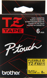 TZFX611 6mm x 8m Black Text on Yellow Flexi Tape