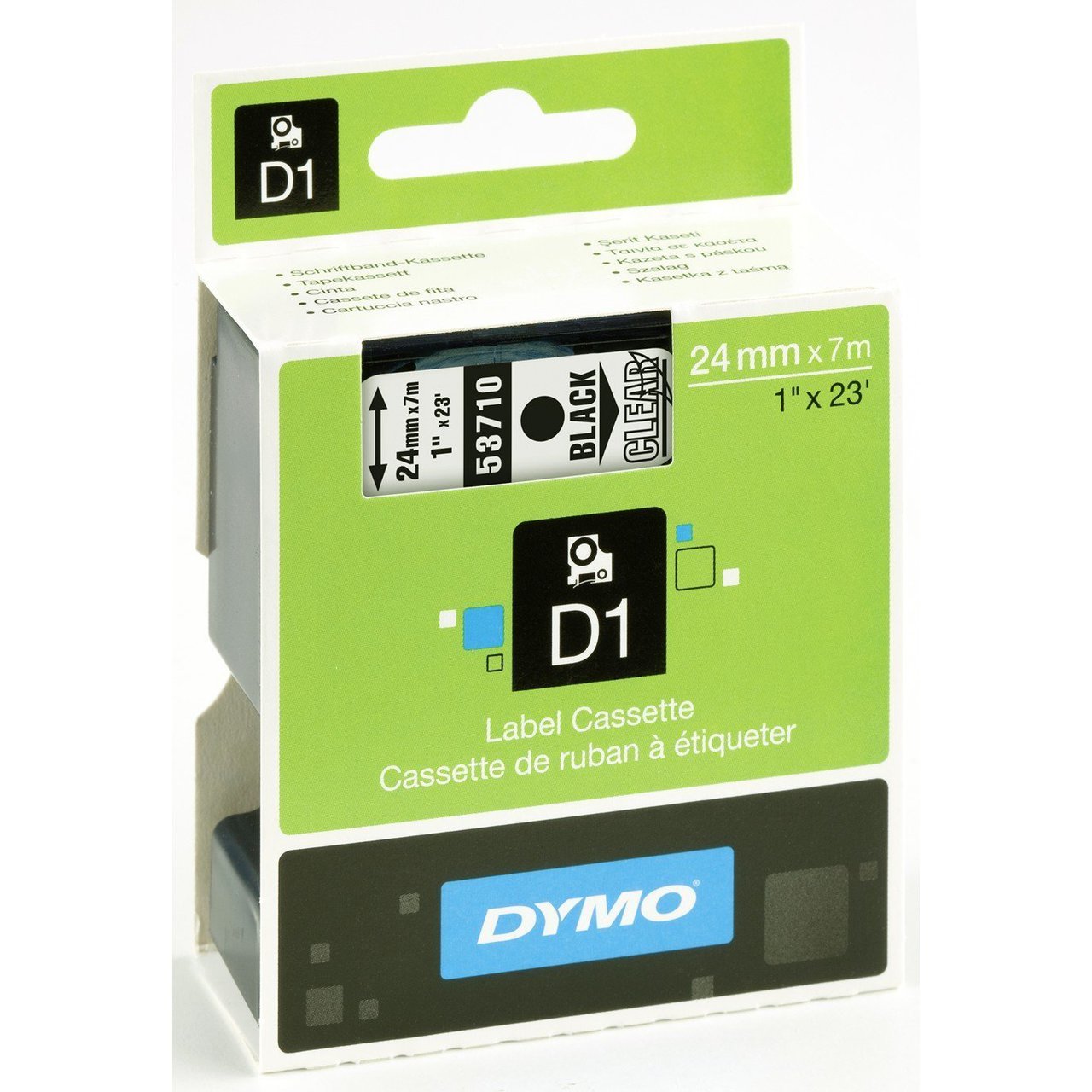 DYMO 53710 High-Performance Permanent Self-Adhesive D1 Standard Tape for Label Makers, 1-inch, Black print on Clear, 23-foot Cartridge