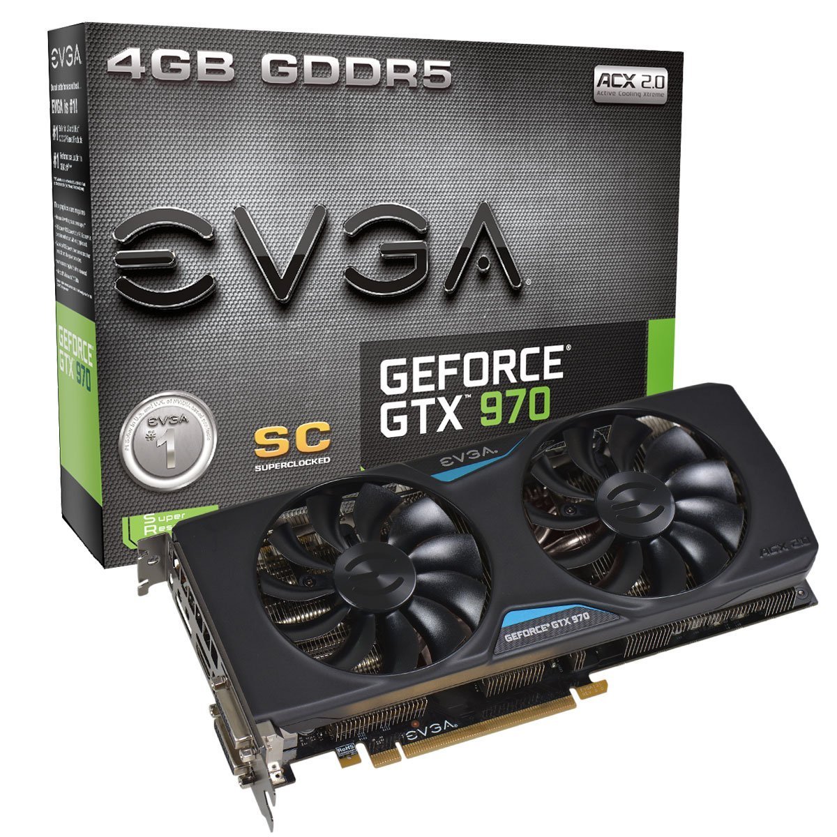 EVGA GeForce GTX 970 SC+ ACX 2.0, DVI-I, DVI-D, HDMI, DP SLI Ready Graphics Card (04G-P4-2977-KR)